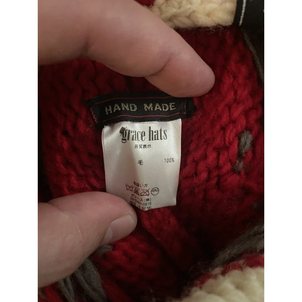 Red And Gray Wool Knit Skull Ear Flap Hat By Grace Hats‎ OS Beanie